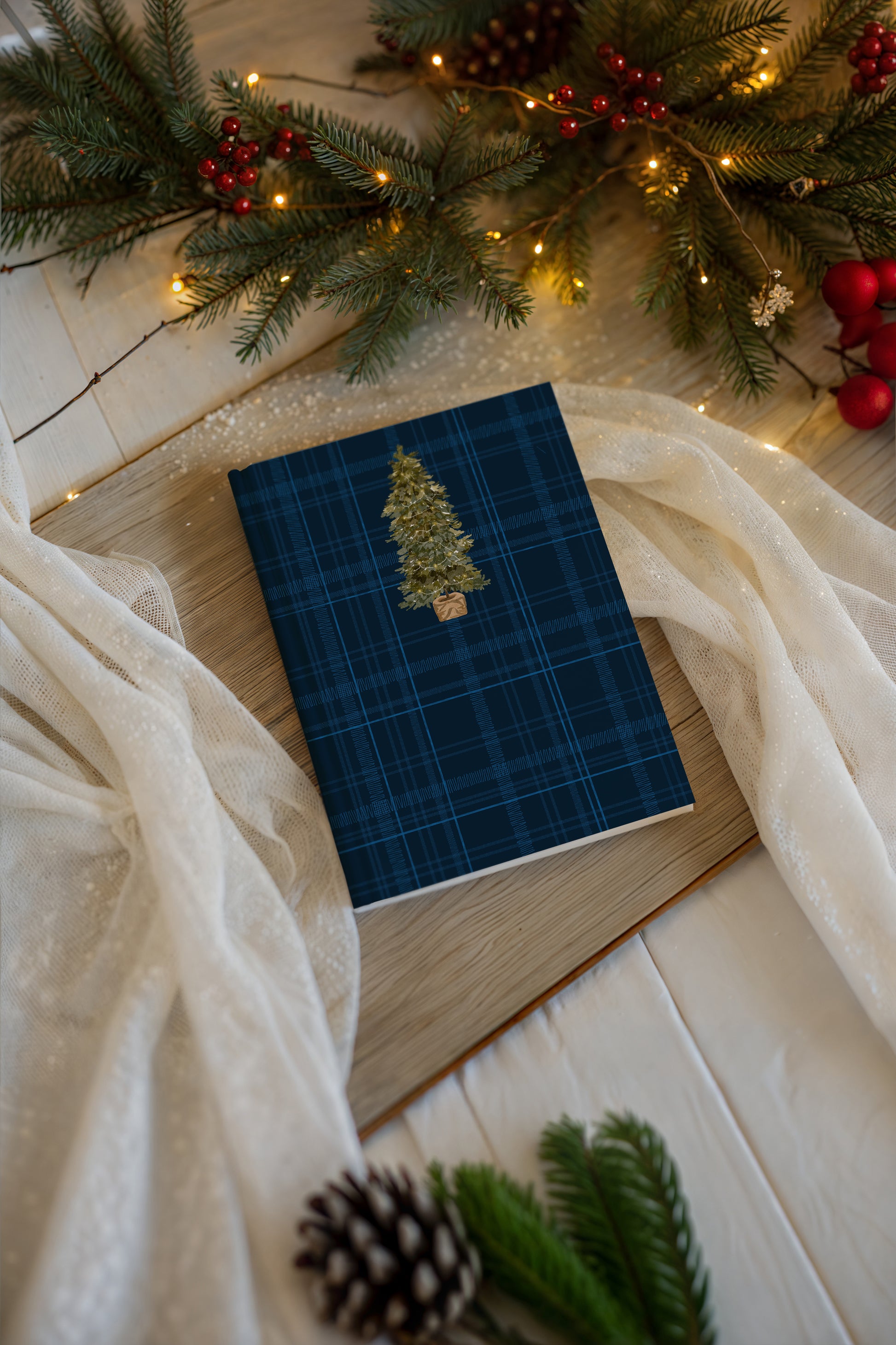 Navy Tartan Notebook with Christmas Tree Print Design