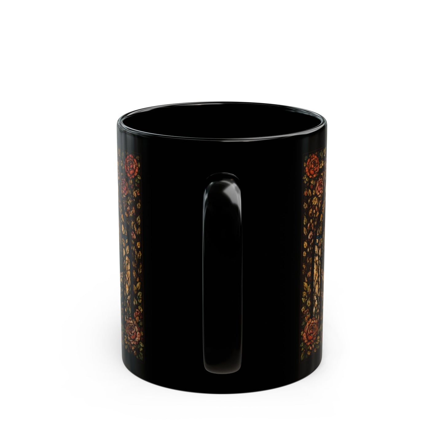 Black mug with intricate floral border design at the top and bottom.