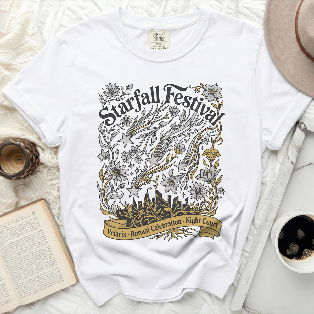 White t-shirt with "Starfall Festival" and "Velaris Annual Celebration" text.