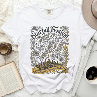 White t-shirt with "Starfall Festival" and "Velaris Annual Celebration" text.
