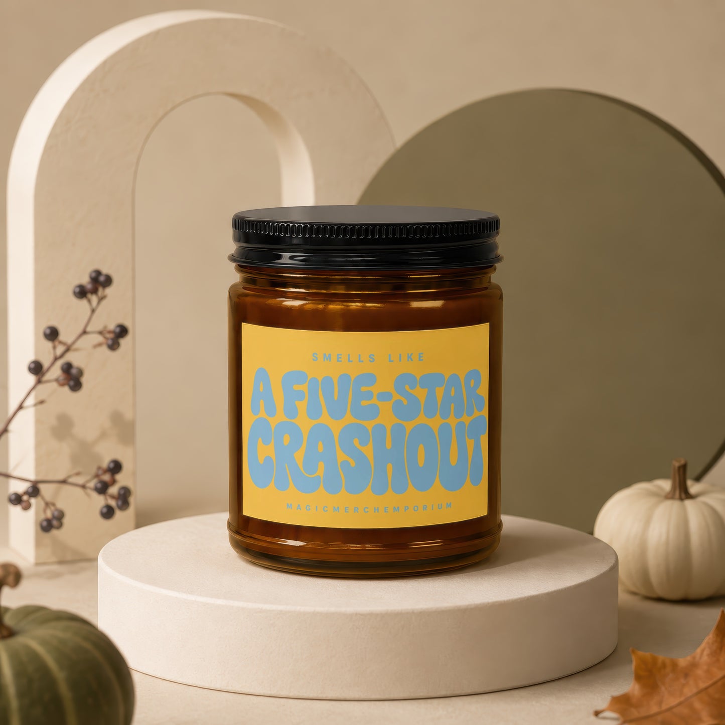 Amber candle with a yellow label reading "Smells Like A Five-Star Crashout".