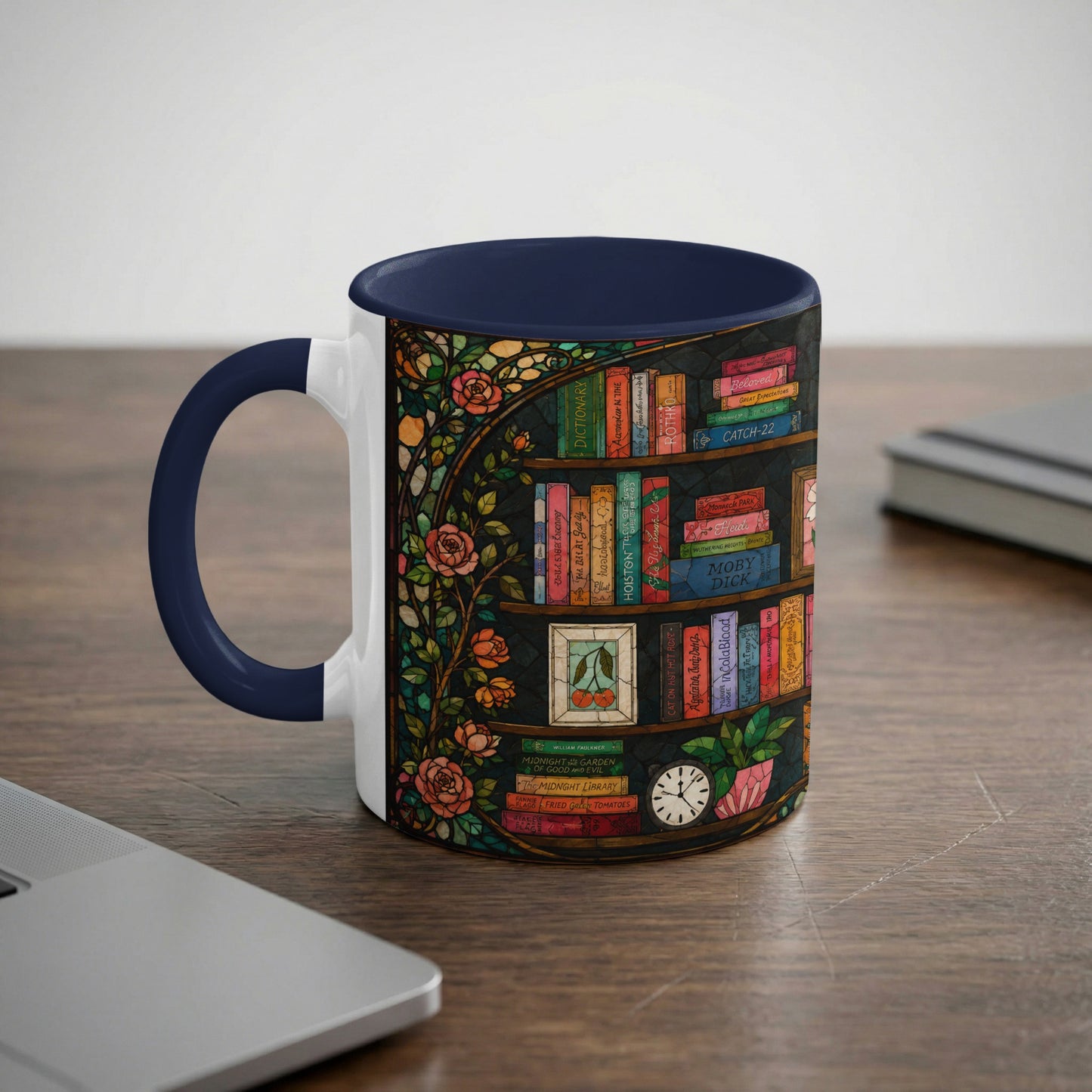 Mug with navy handle featuring a stained-glass effect bookshelf design and roses.