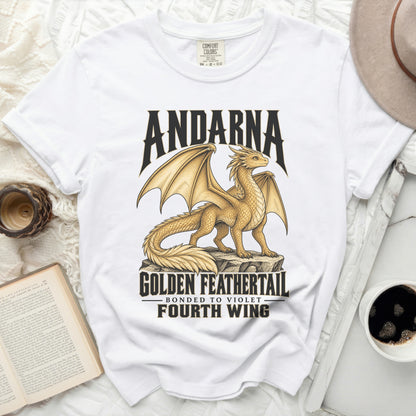 White t-shirt with a golden dragon graphic, reading "Andarna Golden Feathertail" and "Fourth Wing".
