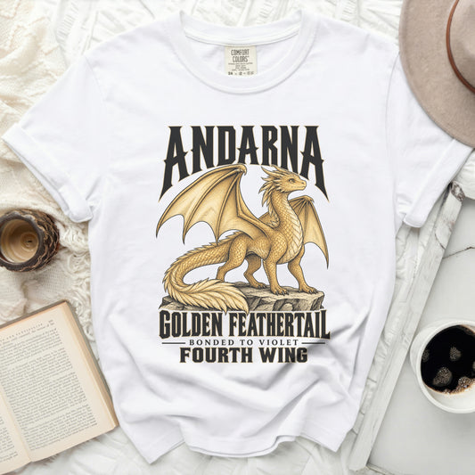 White t-shirt with a golden dragon graphic, reading "Andarna Golden Feathertail" and "Fourth Wing".