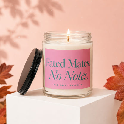 Glass candle with pink label reading "Fated Mates. No Notes."