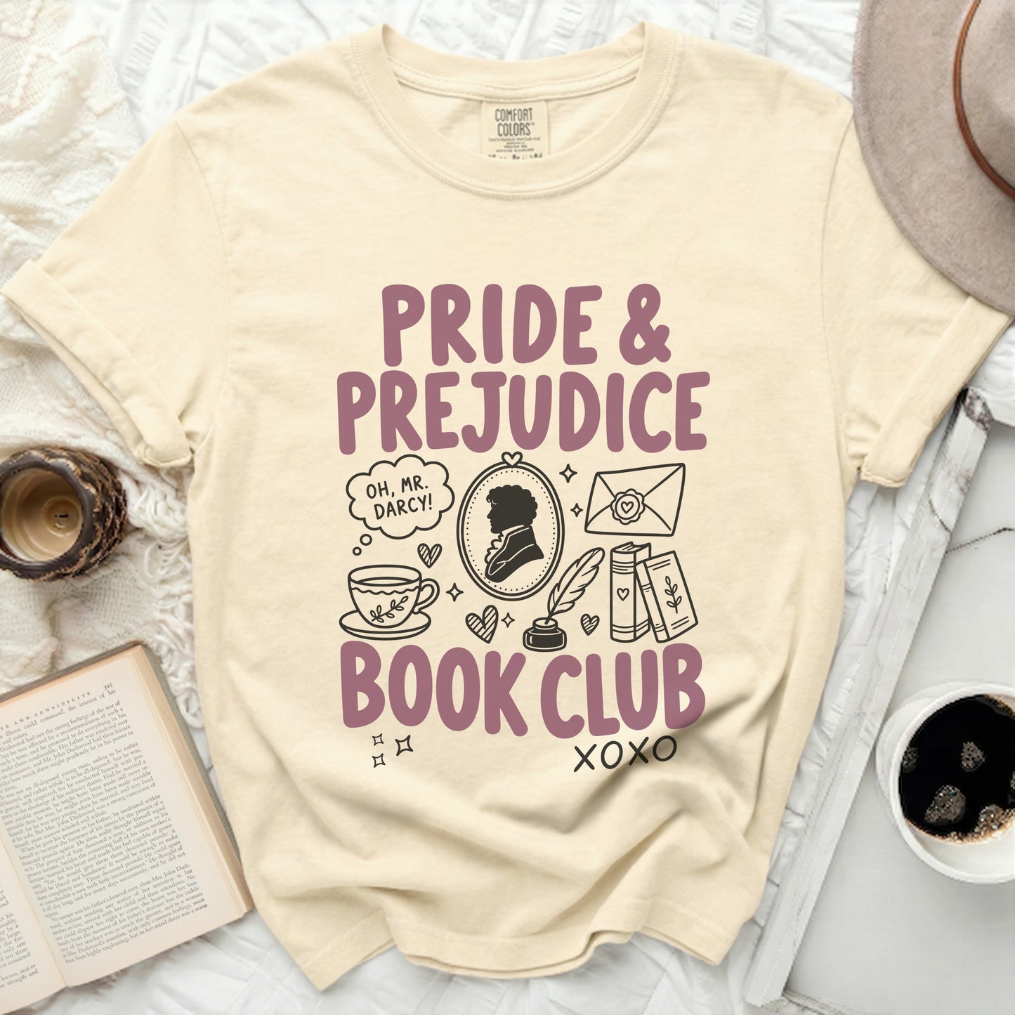 Pride & Prejudice Book Club t-shirt with illustrations and text.