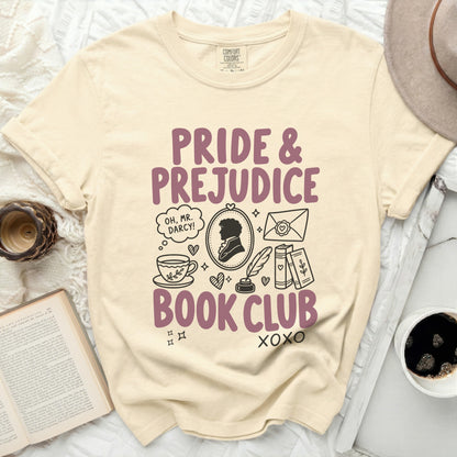 Pride & Prejudice Book Club t-shirt with illustrations and text.