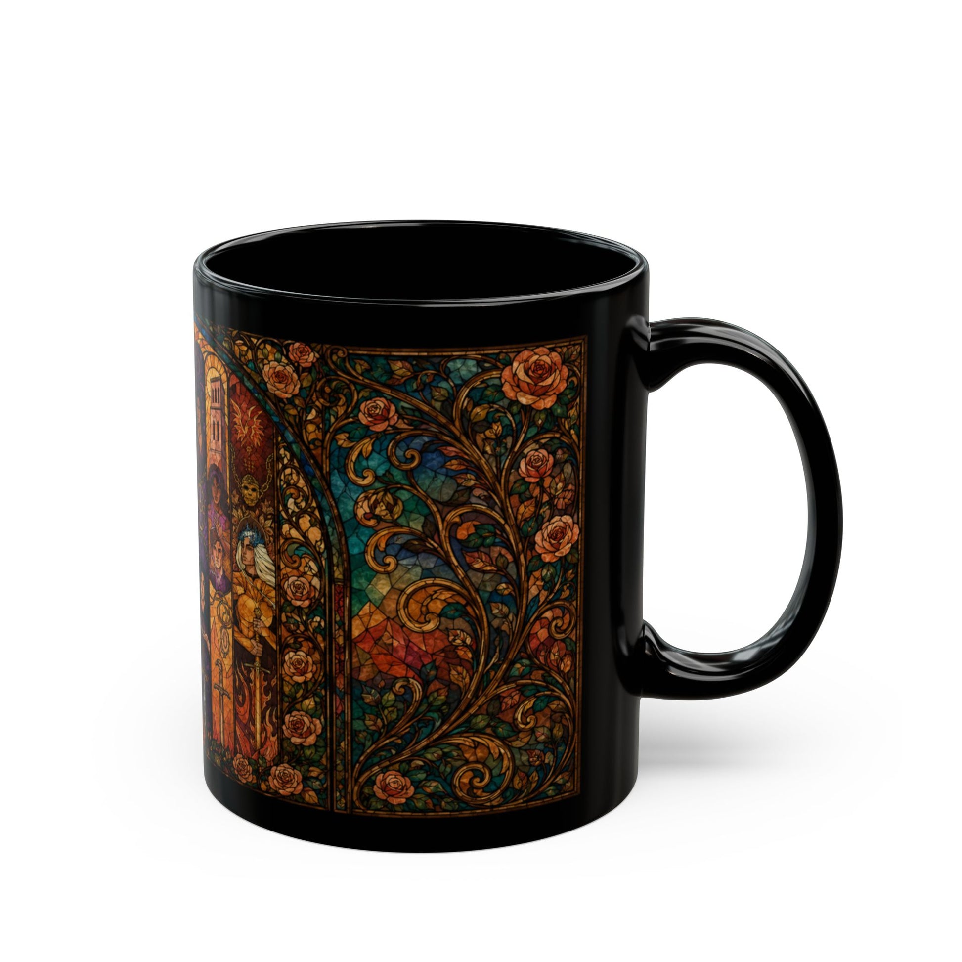 Black mug with stained glass art featuring roses and figures.