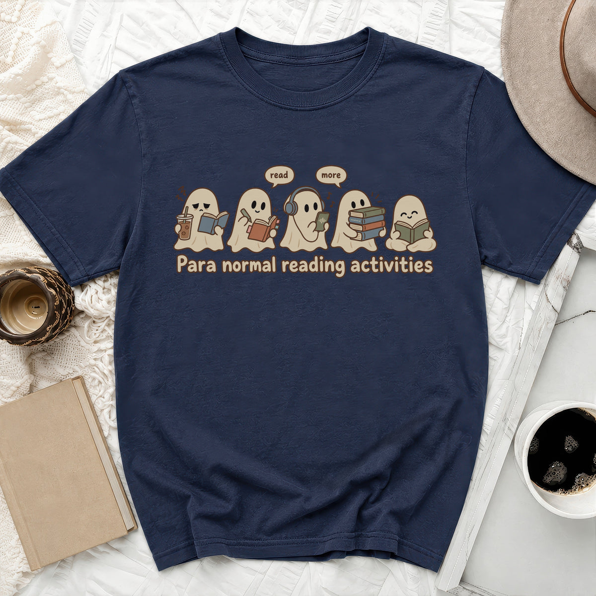 Ghosts reading books and devices with text "read more paranormal reading activities".