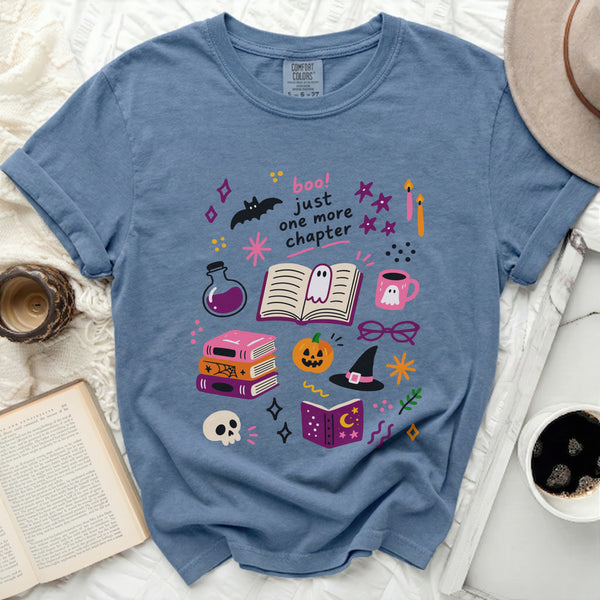 Cozy Chapter Halloween Tee in Blue Jean