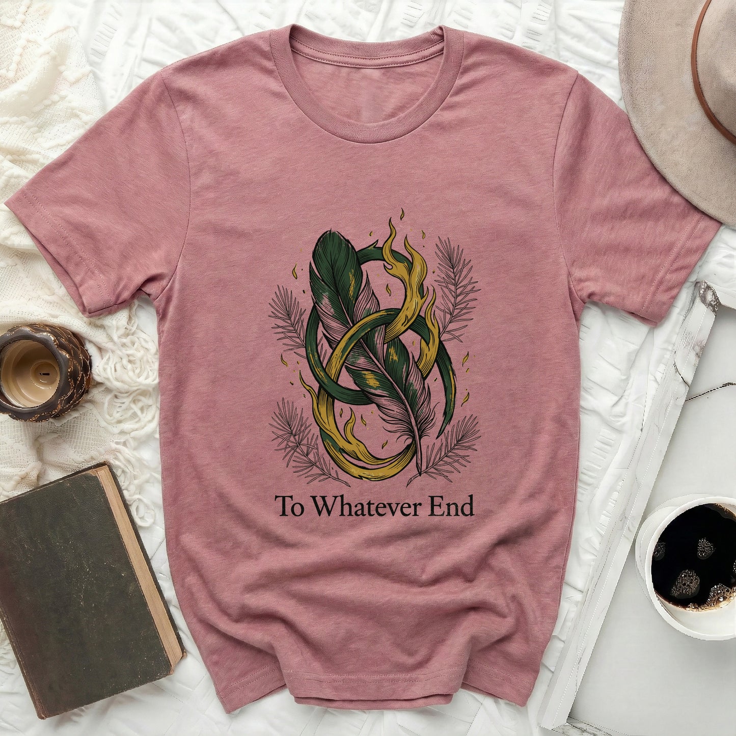 Pink t-shirt with intertwined feathers and flames design, text "To Whatever End".