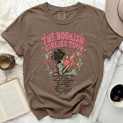 Brown t-shirt with "The Bookish Girlies Tour" text and romance novel tropes.