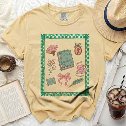Yellow t-shirt with "Pride and Prejudice" graphic and literary icons.