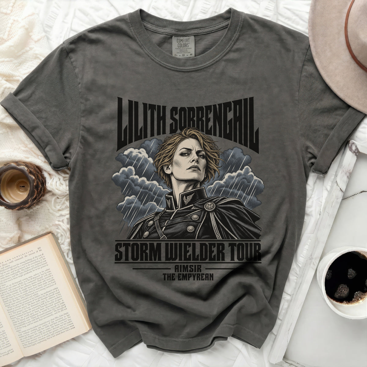 Grey t-shirt with Lilith Sorrengail Storm Wielder Tour graphic and text.