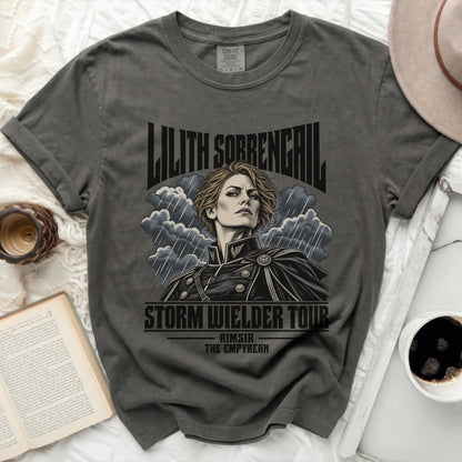 Grey t-shirt with Lilith Sorrengail Storm Wielder Tour graphic and text.
