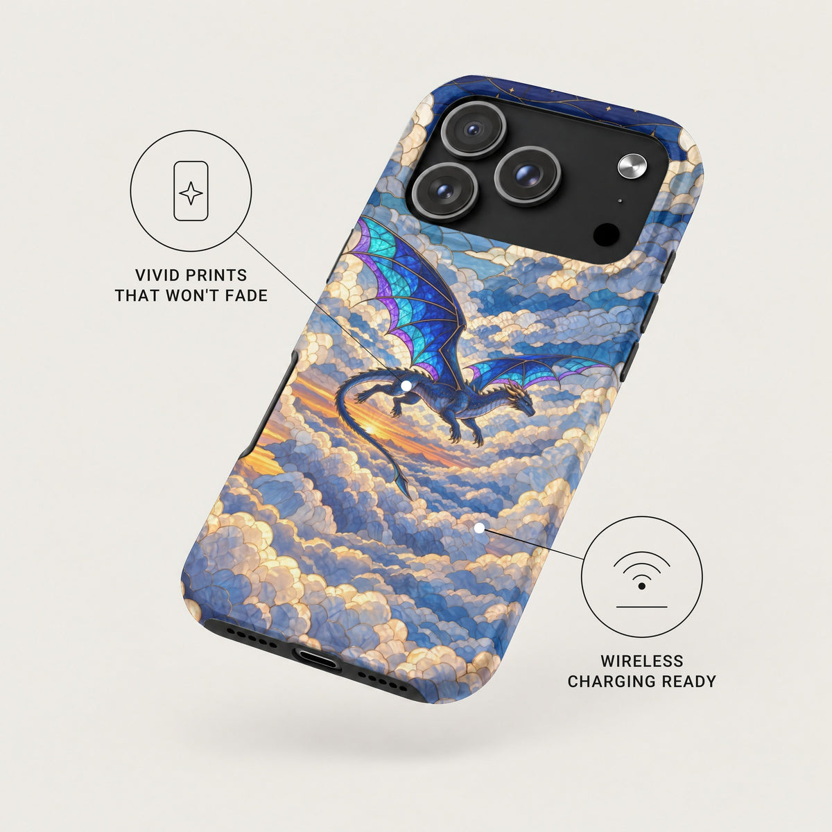 A smartphone case featuring a blue dragon flying among stained-glass clouds, highlighting fade-resistant prints and wireless charging compatibility.