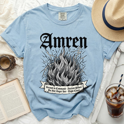 Light blue t-shirt with "Amren" and fire graphic, text reads "Second in Command • Ancient Power Do Not Anger Her • Night Court"