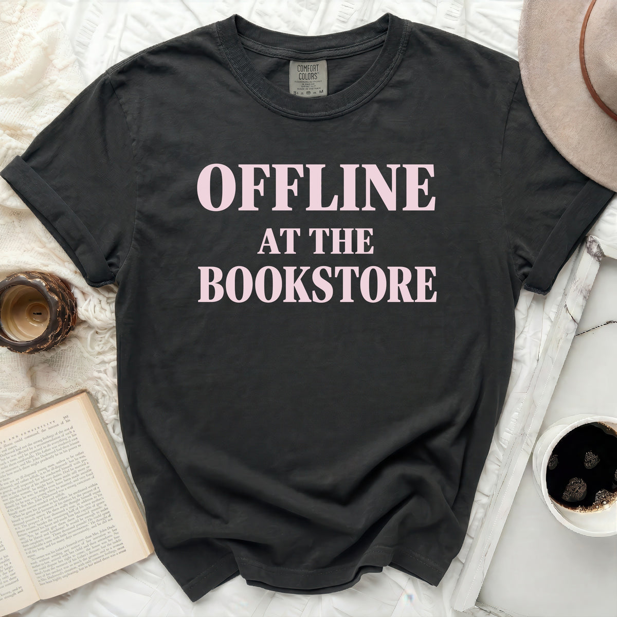 Dark grey t-shirt with pink text "OFFLINE AT THE BOOKSTORE".