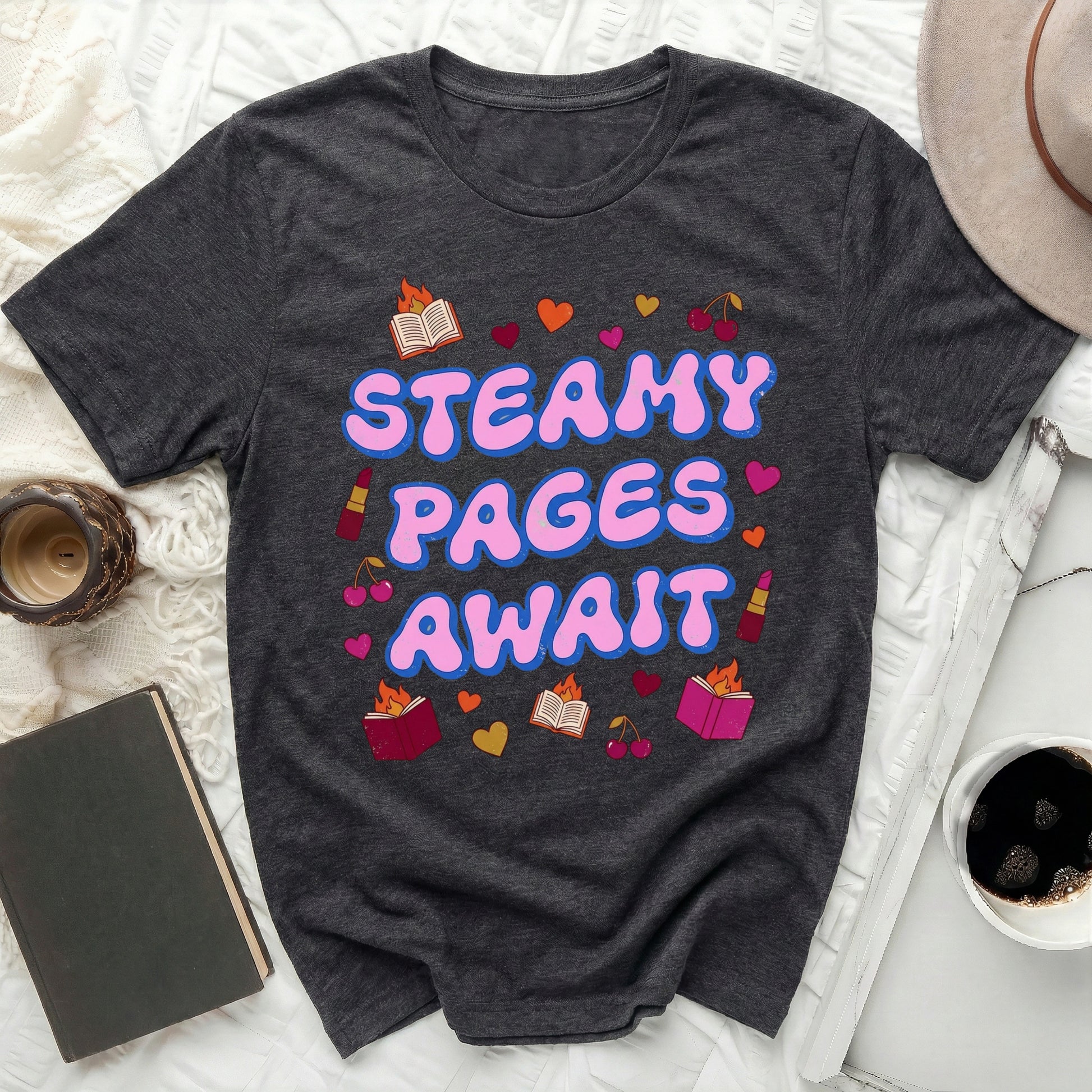 Steamy Pages Await Books Hearts Cherries Lipstick Tee product type
