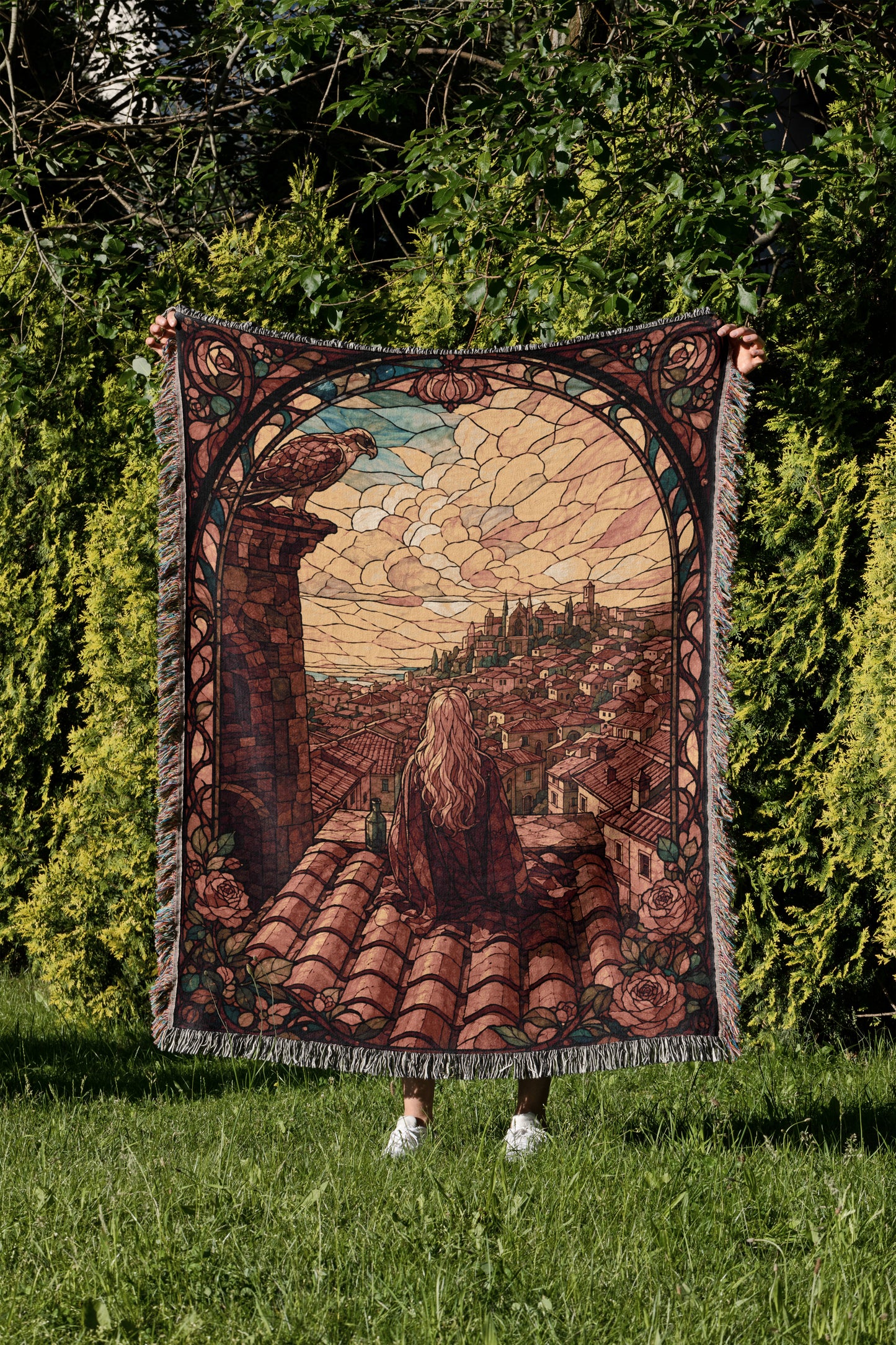 A person is holding up a large, colorful tapestry depicting a scenic landscape with a castle, mountains, and a woman with long hair.