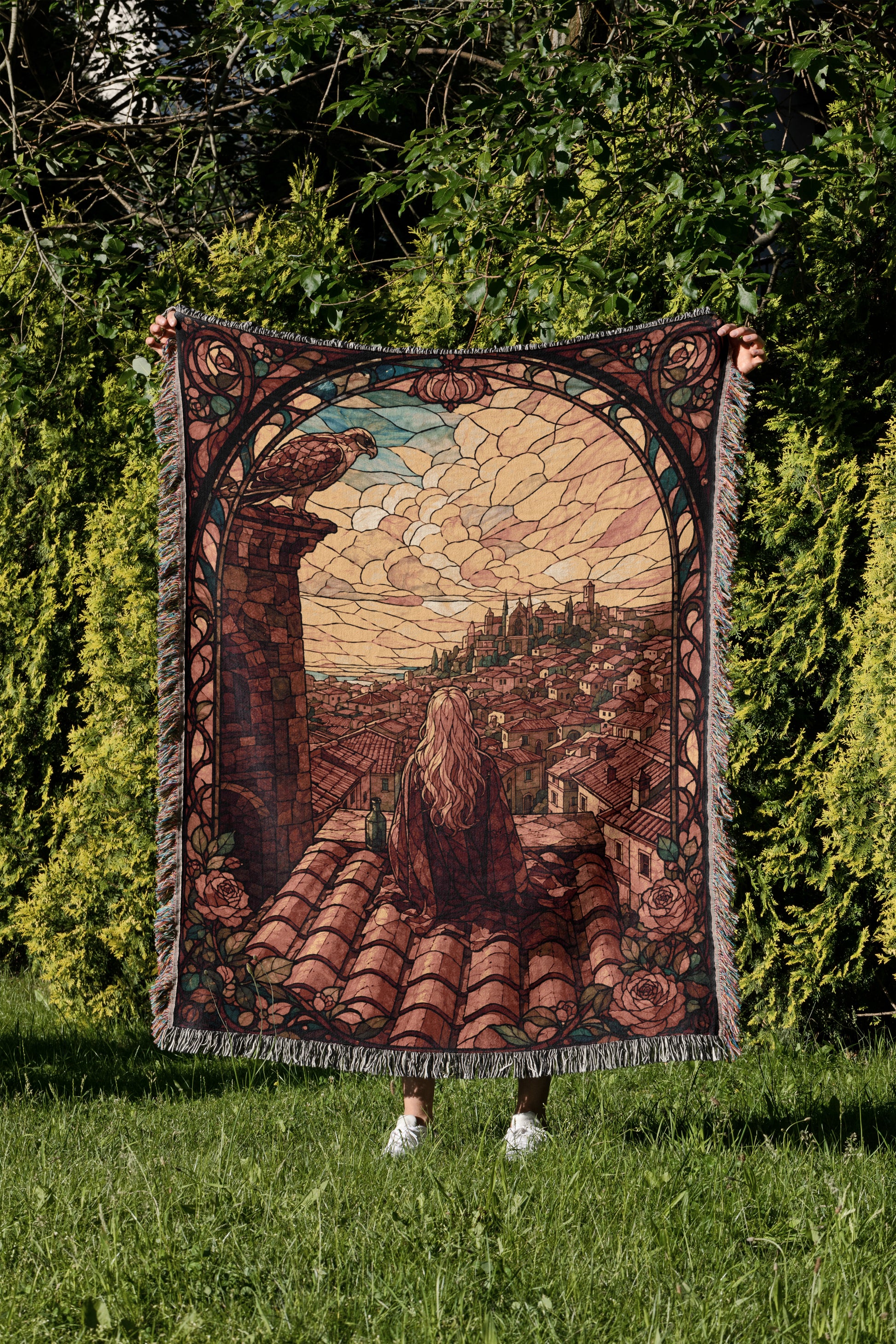 A person is holding up a large, colorful tapestry depicting a scenic landscape with a castle, mountains, and a woman with long hair.