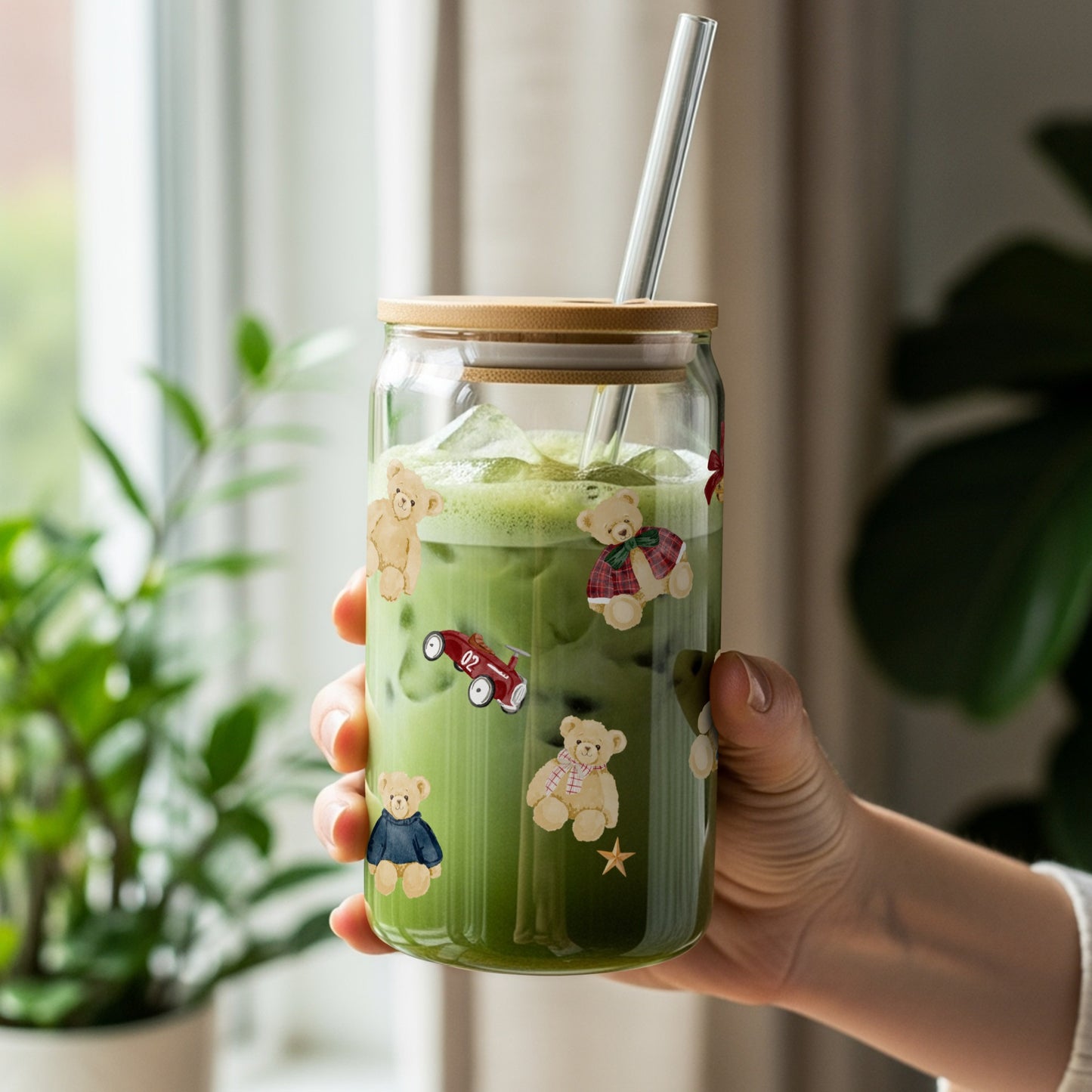 Cute Teddy Bear Print Glass Jar with Straw