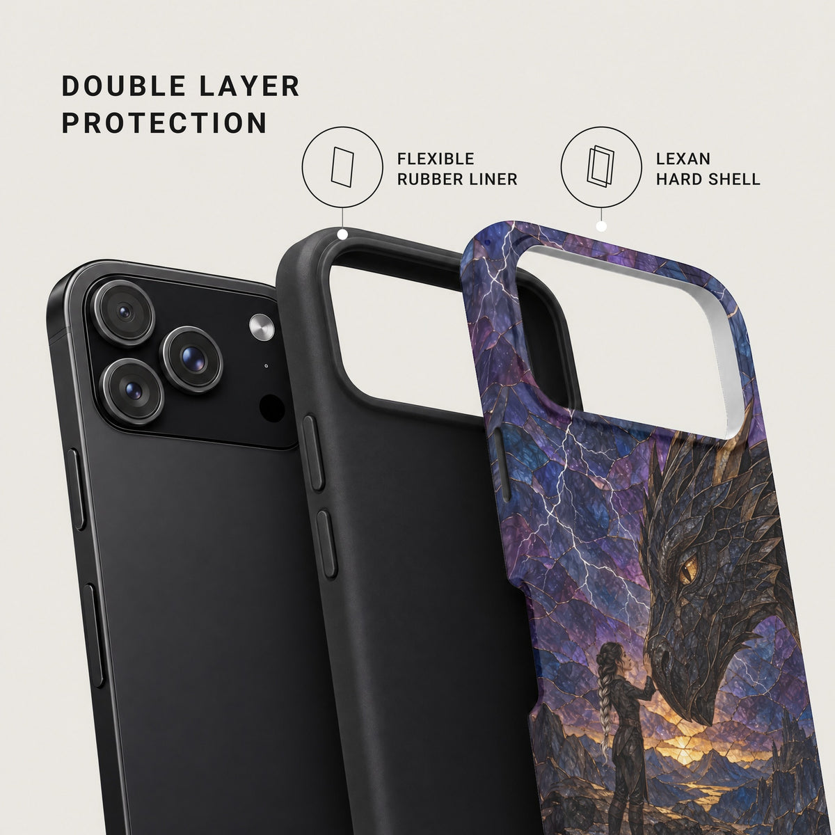 Exploded view of a phone case highlighting its double layer protection, flexible rubber liner, and lexan hard shell.