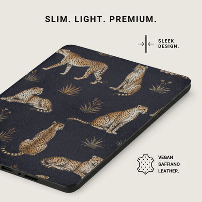 Dark case with leopard pattern and text: SLIM. LIGHT. PREMIUM. SLEEK DESIGN. VEGAN SAFFIANO LEATHER.