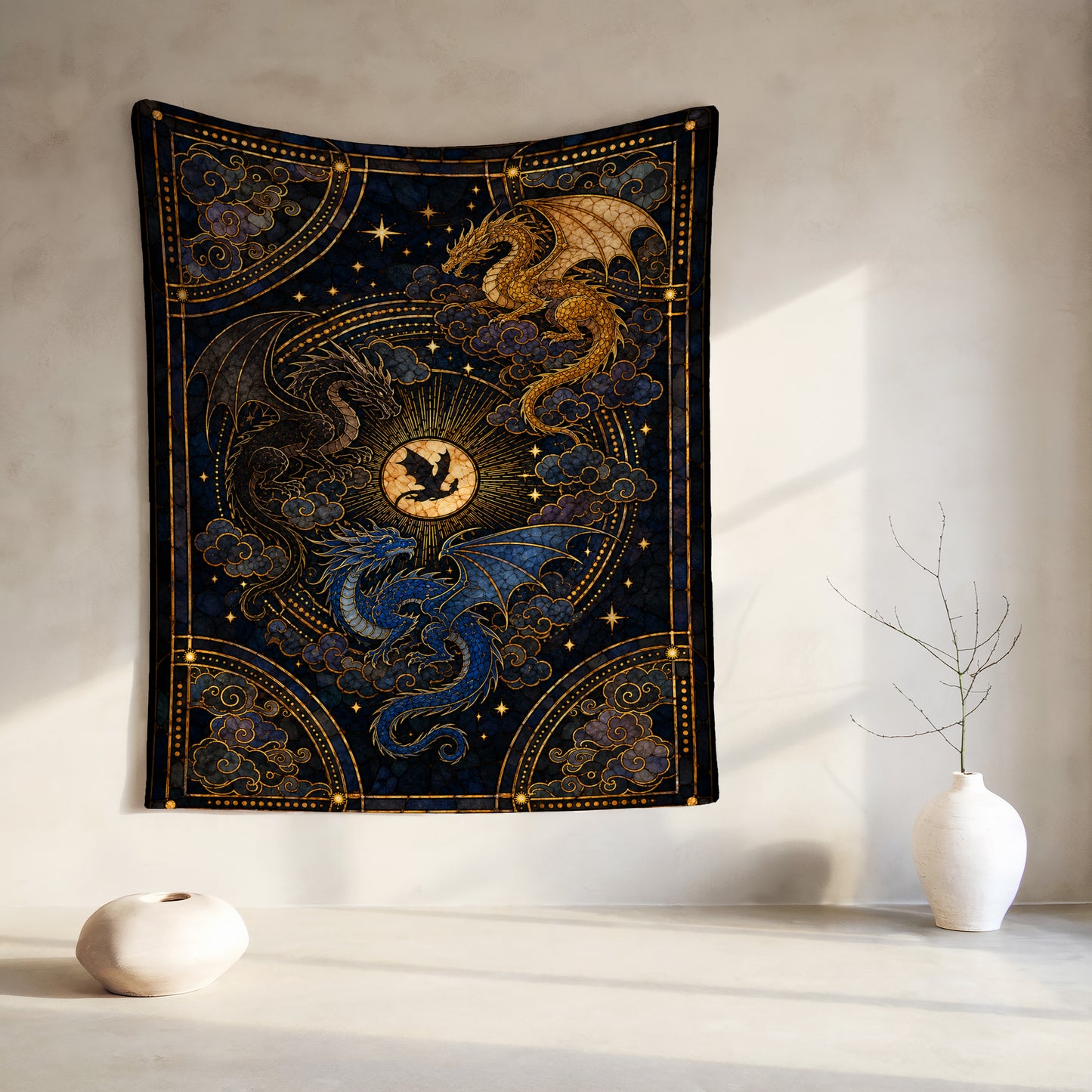 Tapestry with three dragons, clouds, stars, and celestial sun/moon design.