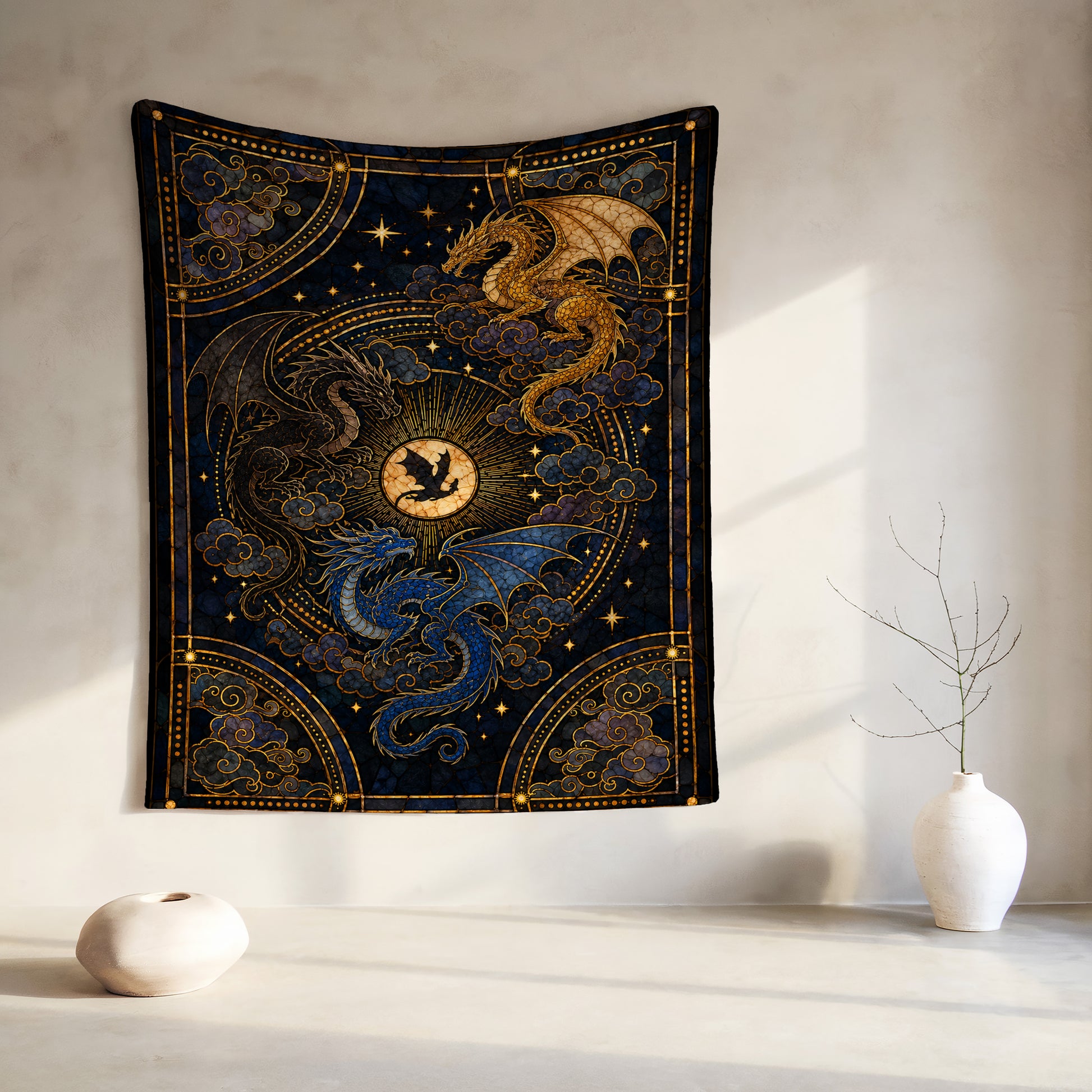 Tapestry with three dragons, clouds, stars, and celestial sun/moon design.