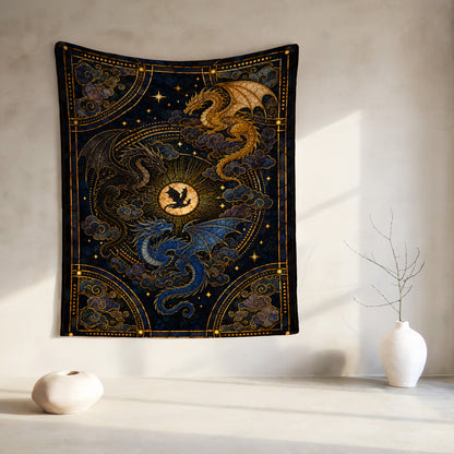 Tapestry with three dragons, clouds, stars, and celestial sun/moon design.