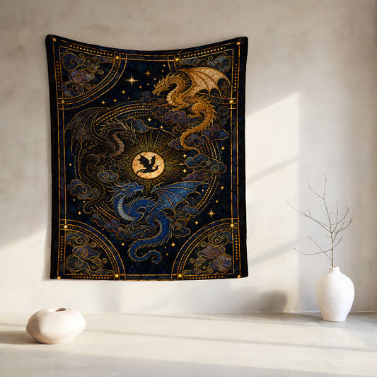 Tapestry with three dragons, clouds, stars, and celestial sun/moon design.