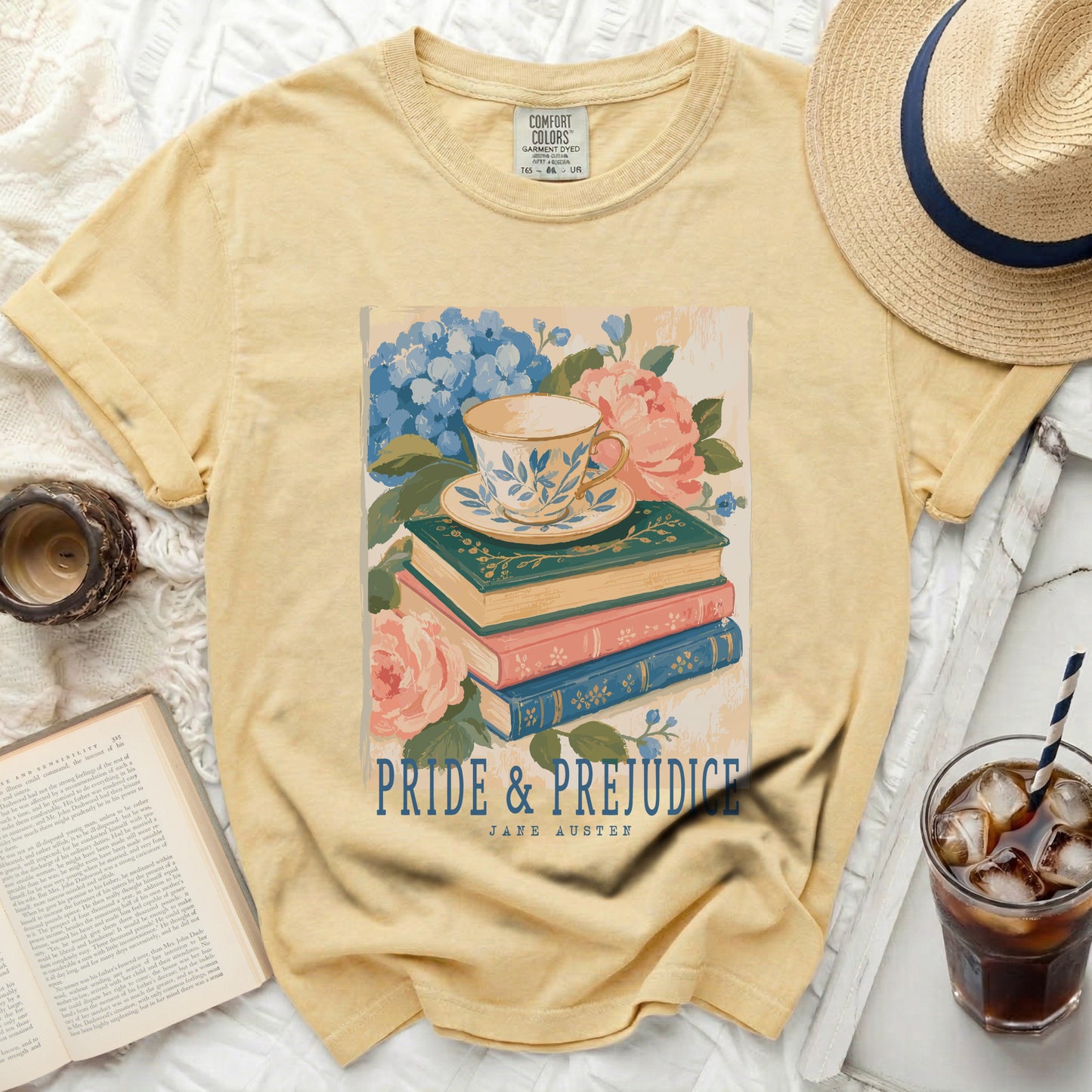Yellow t-shirt with "Pride & Prejudice" and Jane Austen book illustration.