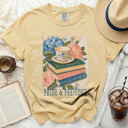 Yellow t-shirt with "Pride & Prejudice" and Jane Austen book illustration.