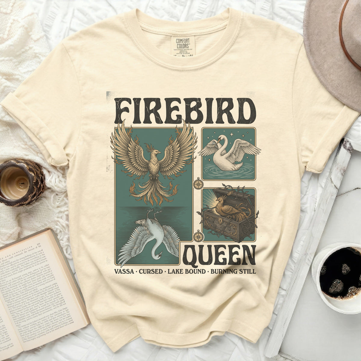 Firebird Queen t-shirt with phoenix, swan, and treasure chest graphics.