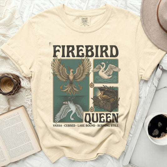 Firebird Queen t-shirt with phoenix, swan, and treasure chest graphics.