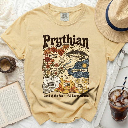 Yellow t-shirt with map of Prythian featuring seven fae courts.