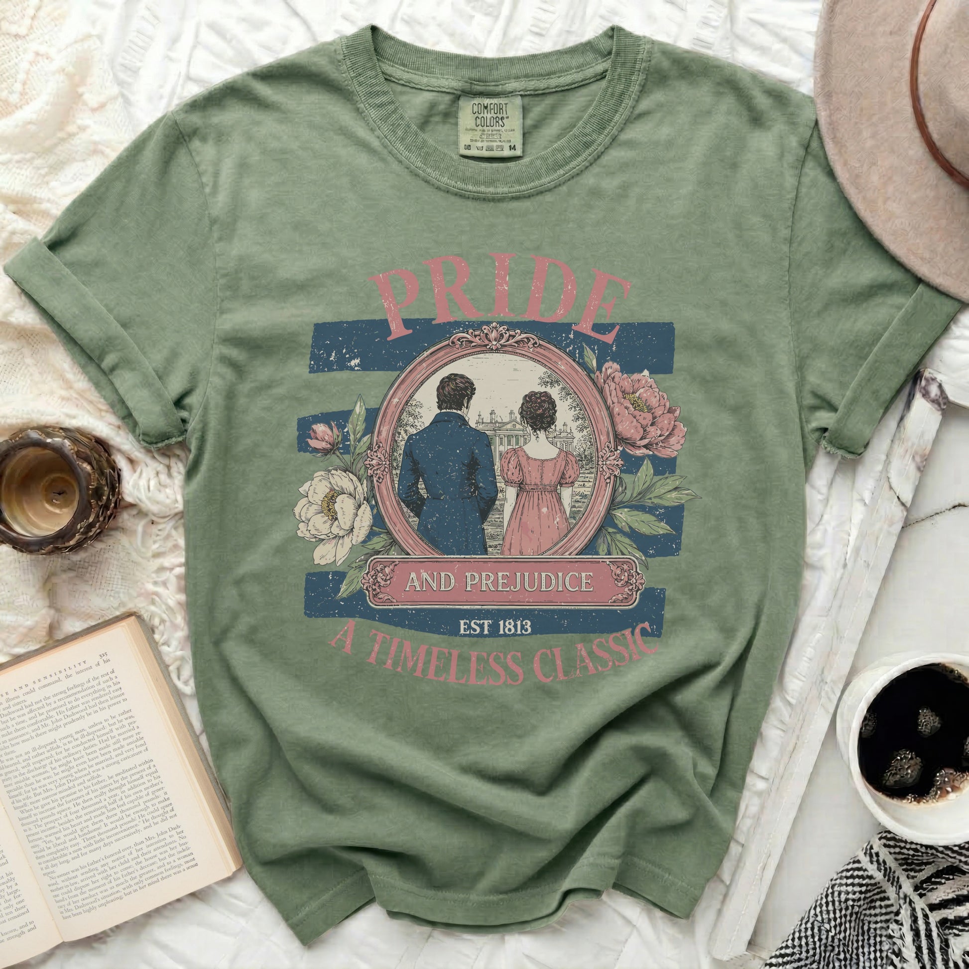Green shirt with "Pride and Prejudice Est 1813 A Timeless Classic" graphic.