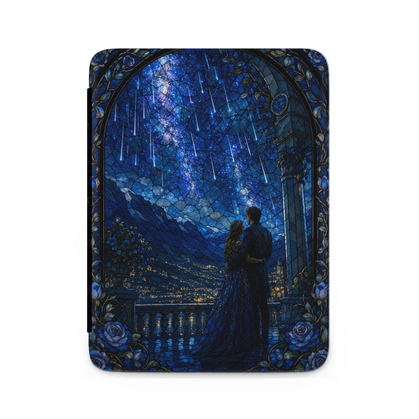 Couple in formal wear embraces on balcony beneath starry sky and falling stars.