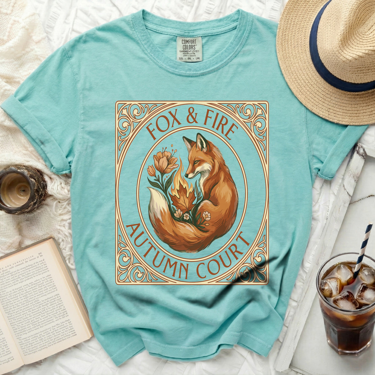 Teal t-shirt with "Fox & Fire Autumn Court" design featuring a fox.