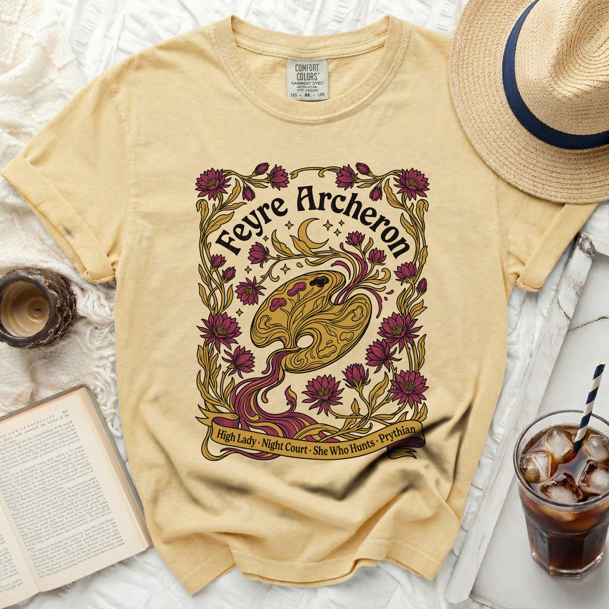 Yellow shirt with Feyre Archeron floral design and text
