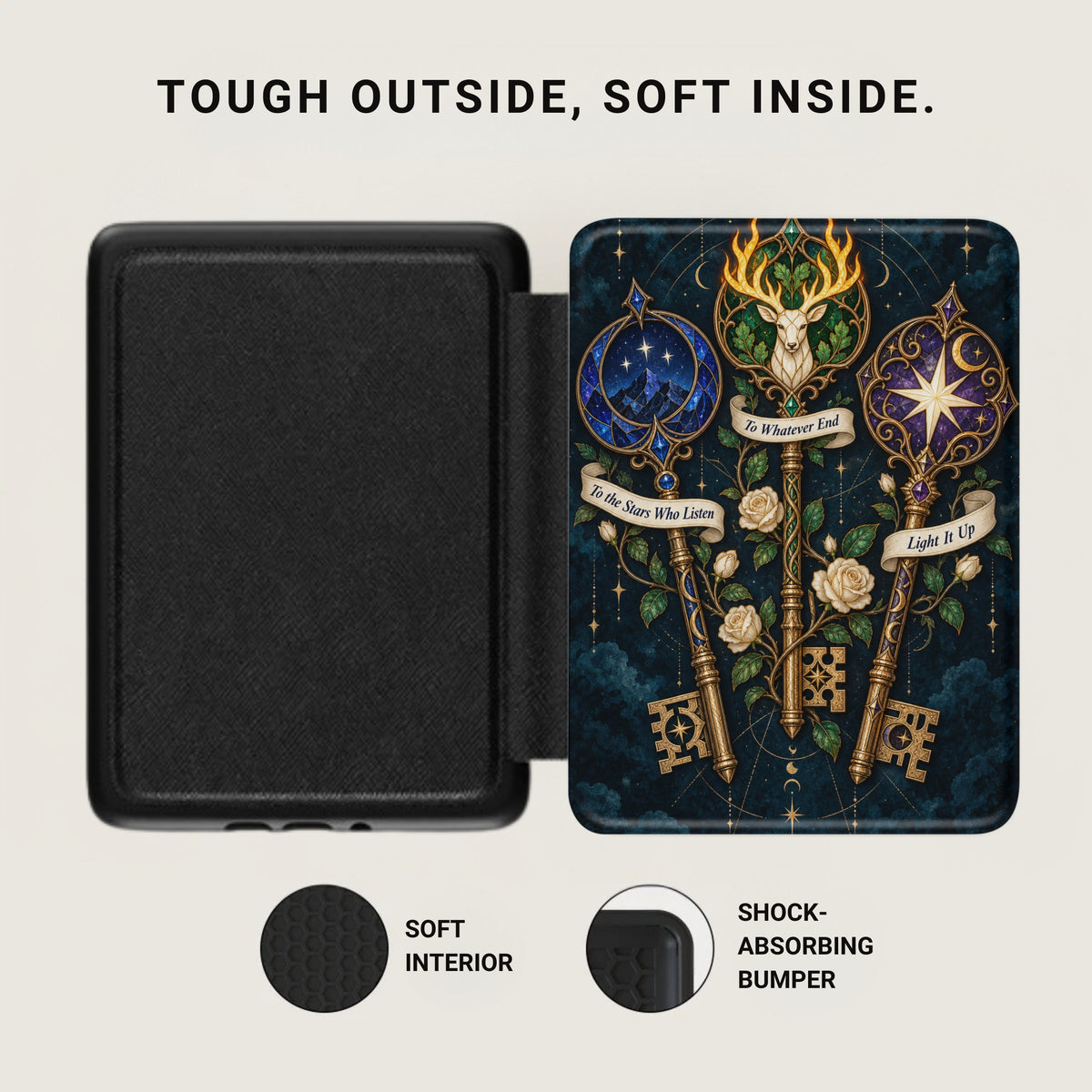 Black case with celestial keys, stars, and roses. "Tough outside, soft inside."
