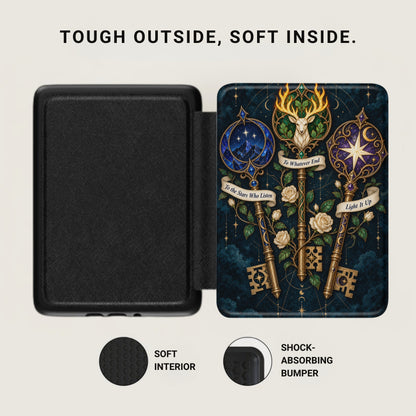 Black case with celestial keys, stars, and roses. "Tough outside, soft inside."