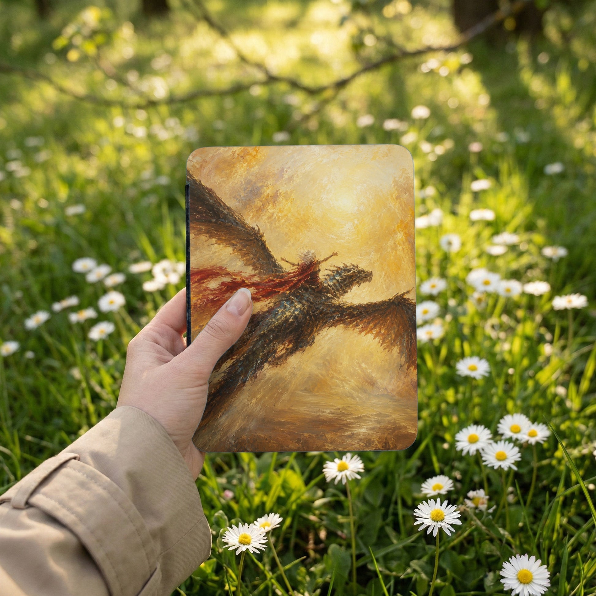 Hand holding notebook featuring a dragon rider with a red cape against a golden sky.