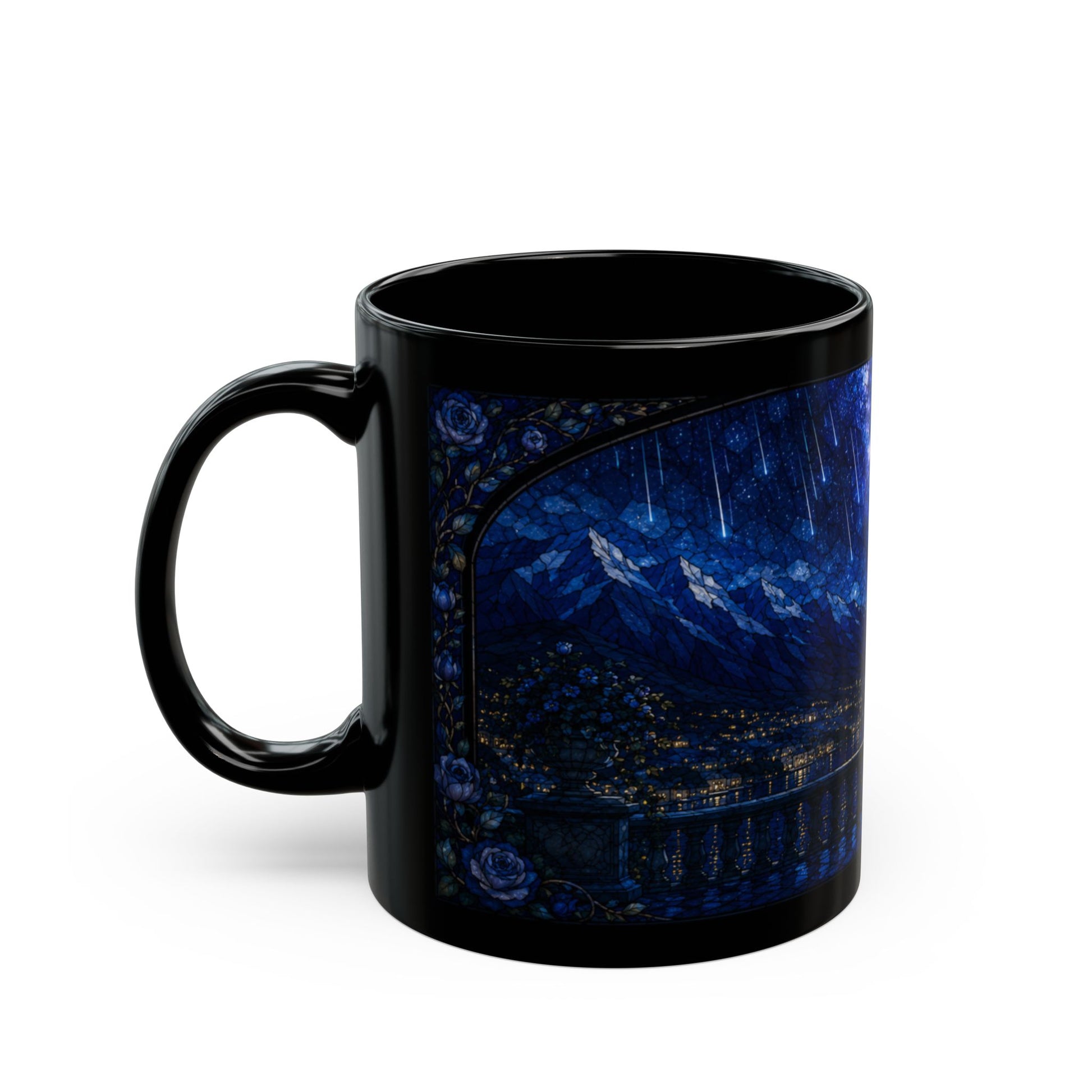 Black mug with a stained glass design of a night sky and city.