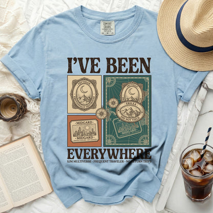 Light blue t-shirt with "I'VE BEEN EVERYWHERE" and travel-themed graphics.