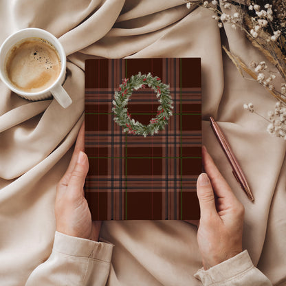 Elegant Holiday Wreath Patterned Checkered Cover Notebook