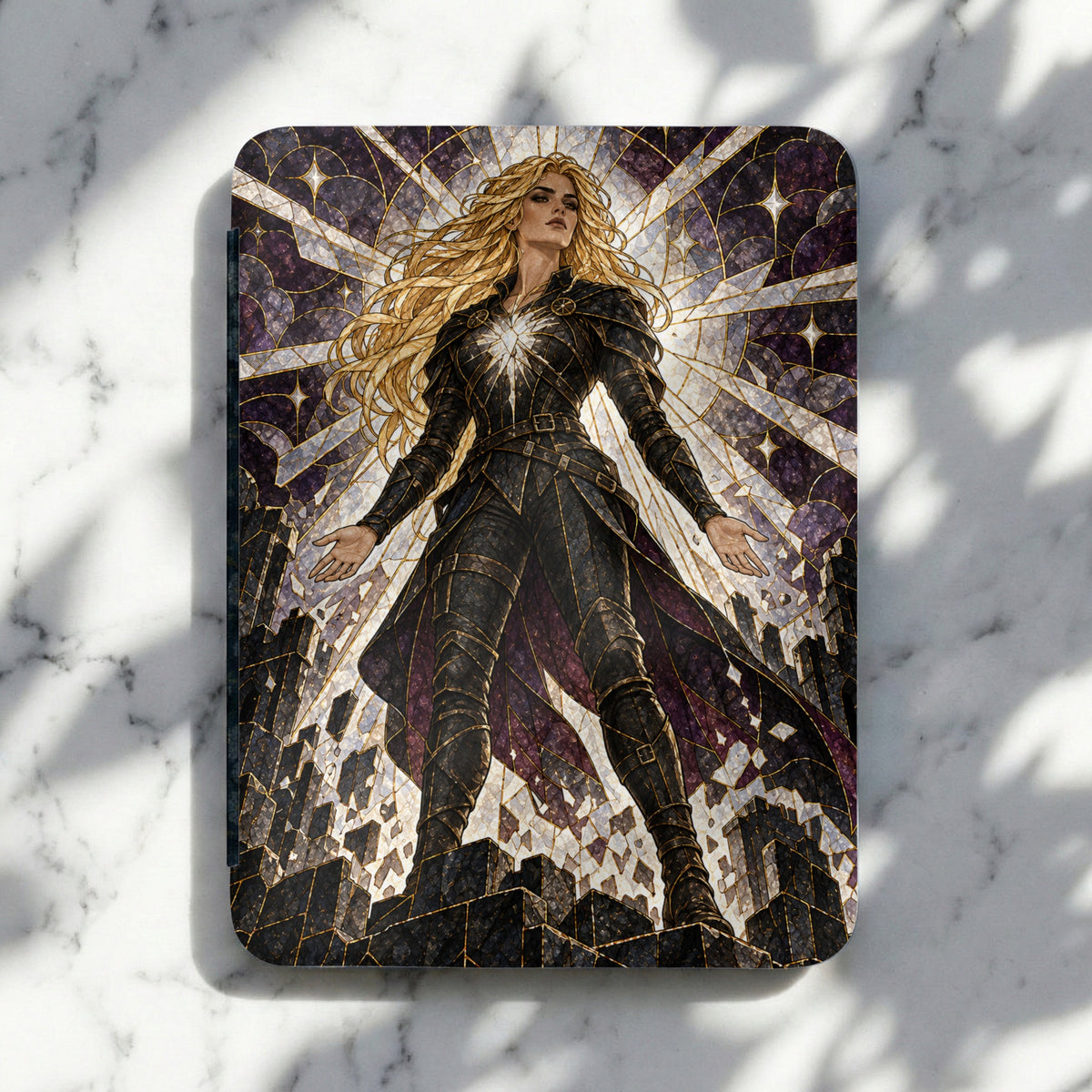 Blonde warrior woman in black armor against stained glass backdrop with city silhouette.