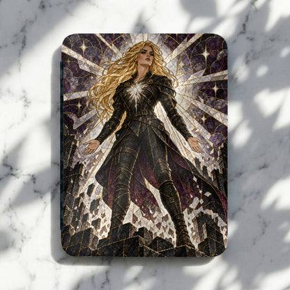 Blonde warrior woman in black armor against stained glass backdrop with city silhouette.