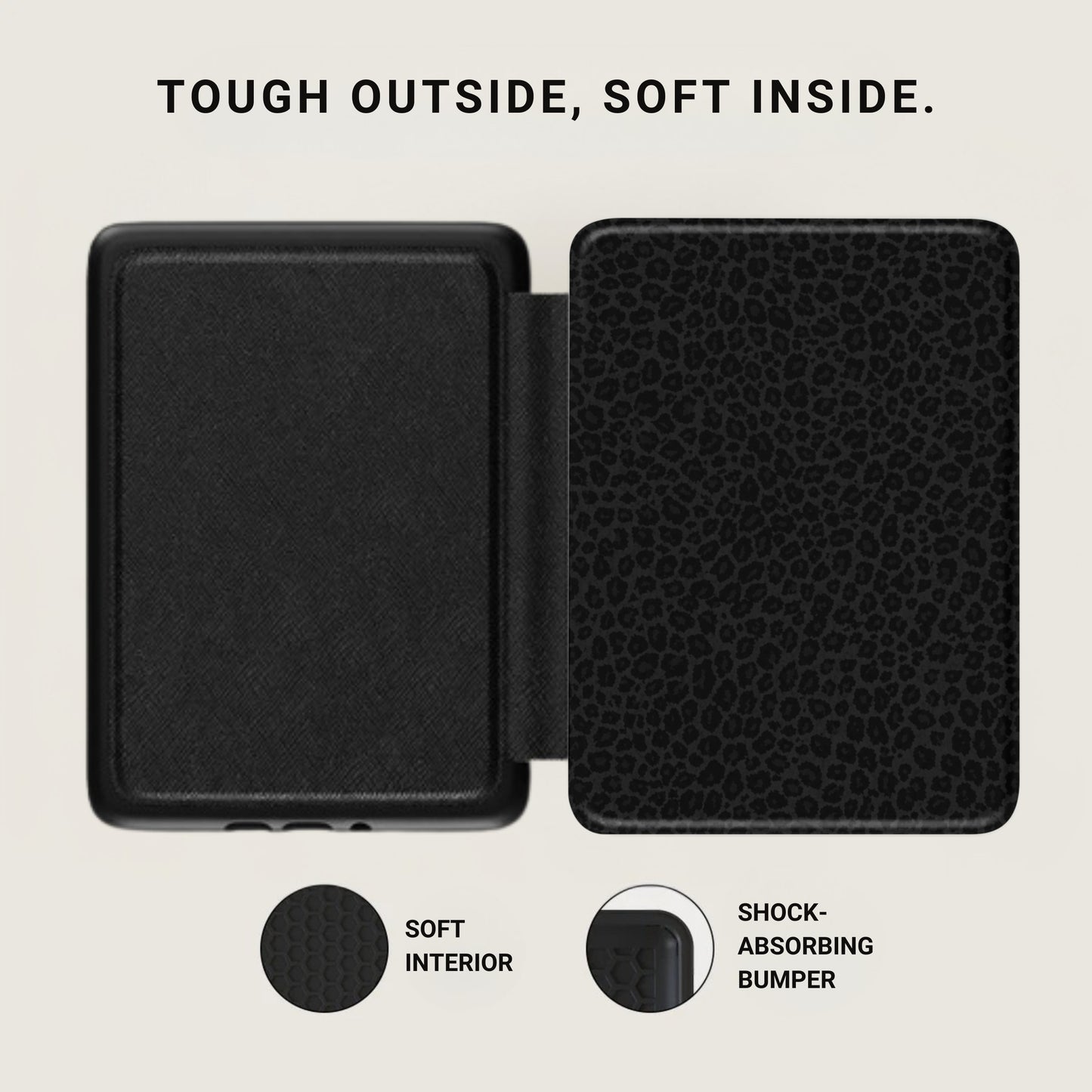 Black case open, showcasing textured exterior and leopard print interior.